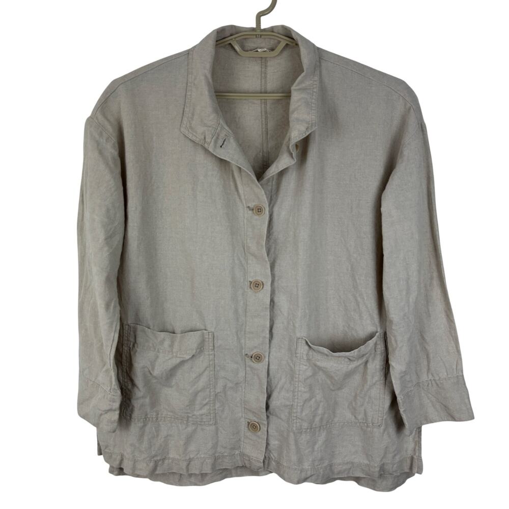 Eileen Fisher Tan 100% Organic Linen Long Jacket Medium relaxed fit - Picture 2 of 10